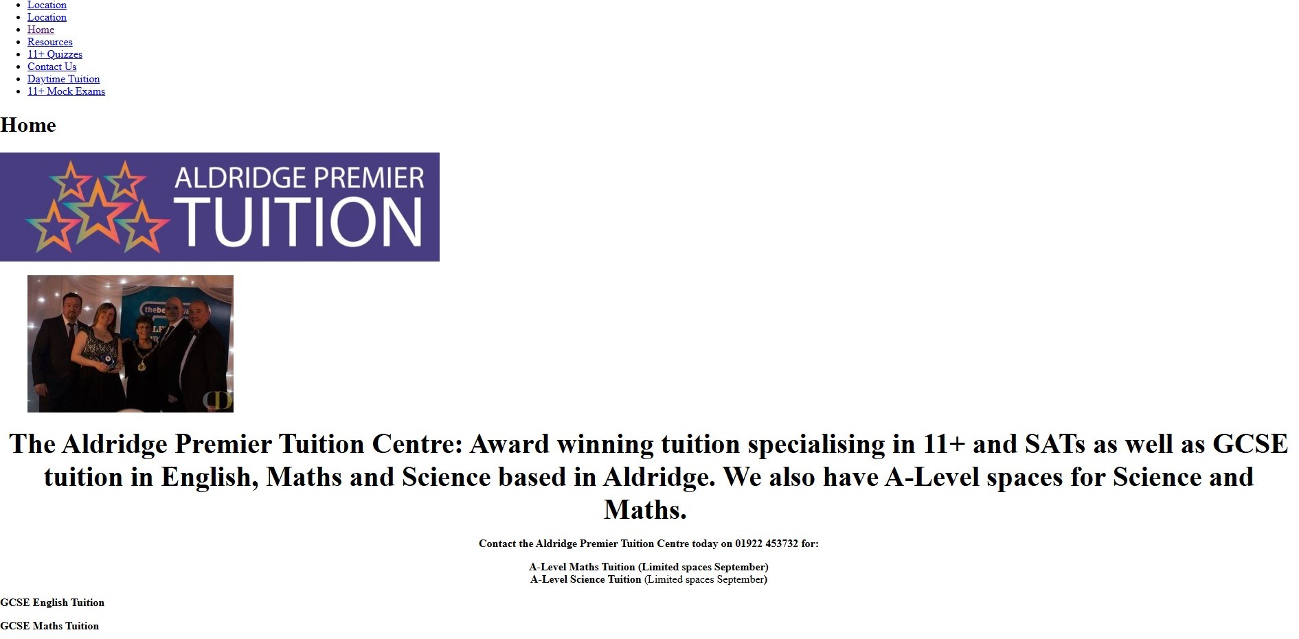Aldridge Premier Tuition website before the redesign